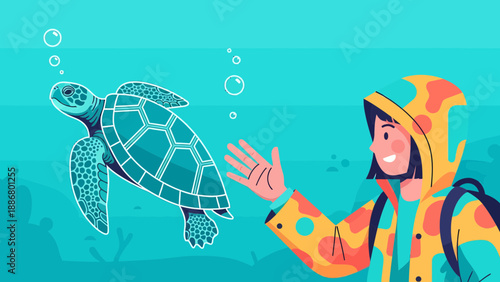 Oceanic Connection Young Woman Encounters Sea Turtle Underwater Realm Illustration