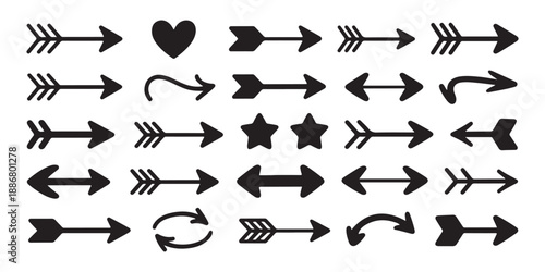 Hand drawn tribal arrow collection with ethnic style and geometric shapes set of black vector sketch icons