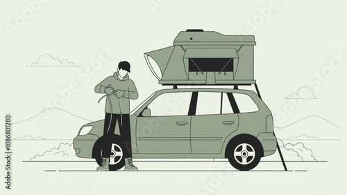 Off Grid Adventures Man Prepares Rooftop Tent For Camping Trip