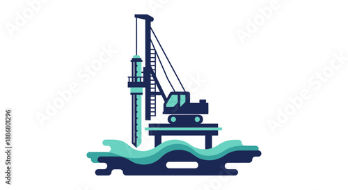 Offshore Drilling Platform Operating On Wavy Water Surface Minimalist Illustration
