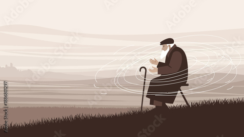 Old Man Contemplates Memories In The Wind With Nostalgia and Loneliness