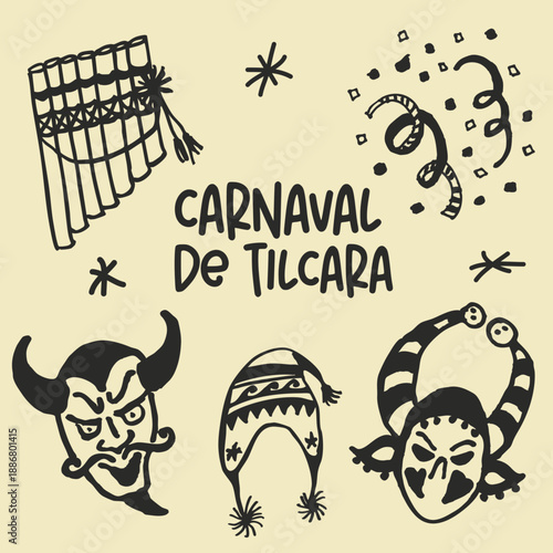 Mascaras y cotillón del carnaval de Tilcara vectorial editable, NOA, norte argentino, Tilcara, Aymará. Set de iconos editables.