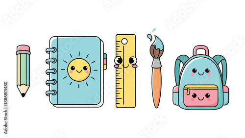 Art Supplies Set: An array of art supplies arranged neatly against a backdrop, each item imbued with an adorable persona and expression, evoking the joyful essence of creativity and learning