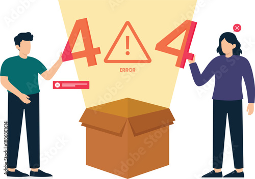Two people holding 404 error signs digital problem website maintenance concept page not found warning sign broken link internet failure flat design modern illustration