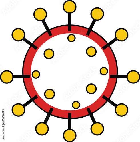 Coronavirus outline icon with red circular ring and yellow spike nodes, simple virus particle symbol isolated on white vector illustration