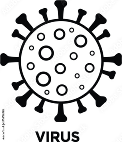 Black and white virus icon with spiky round germ shape and text label, coronavirus infection symbol isolated on white vector illustration