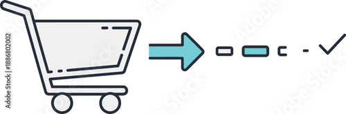 Shopping cart checkout process icon showing order completion, ecommerce workflow, purchase confirmation, and online shopping success concept
