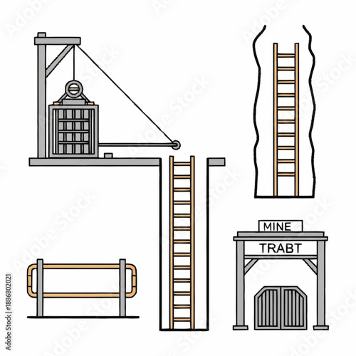Mine Shaft Equipment and Entrance Illustration.