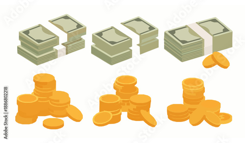 Cash bills and gold coins finance flat vector illustration set