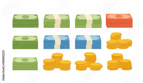 Banknotes stack and coins flat vector finance collection
