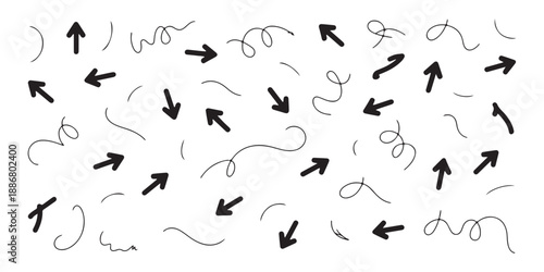 Minimalist hand drawn arrows and line art swirls collection for directional signs and decorative design needs