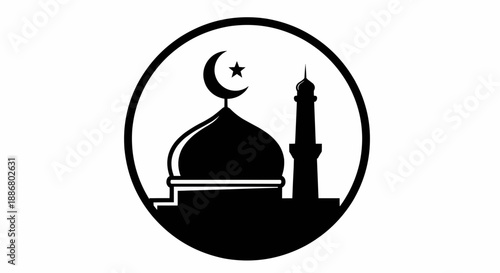 Silhouette of mosque with crescent moon and star in circular frame illustration