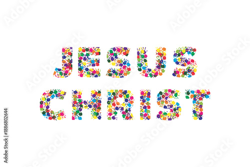Jesus Christ. Classic, universal kids hand prints rainbow religious template poster, flyer, invitation card My first communion