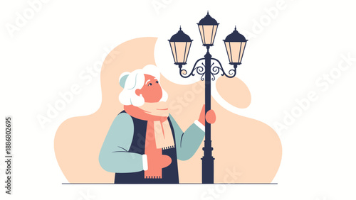Old Woman Leaning On A Victorian Street Lamp With White Background