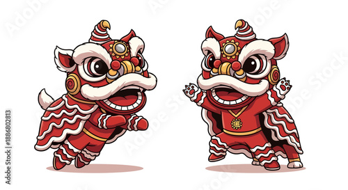 Cute Chinese Lion Dance Characters in Traditional Costume