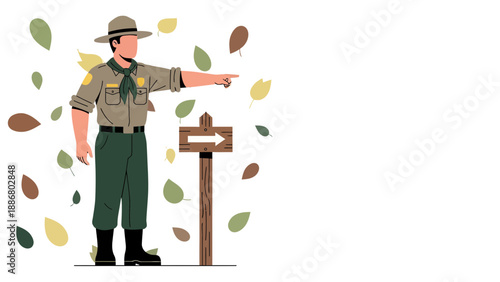 Park Ranger Providing Direction Surrounded By Colorful Leaves With Trail Arrow Sign