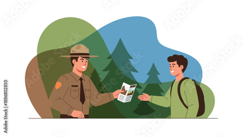 Park Ranger Providing Information To Hiker In Forest Scenic Landscape Flat Design