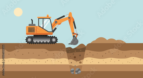 Orange Excavator Digging Deep Into Earth Layers Construction Site Under Sunny Sky