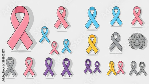 Colorful awareness ribbons for various causes on gray background