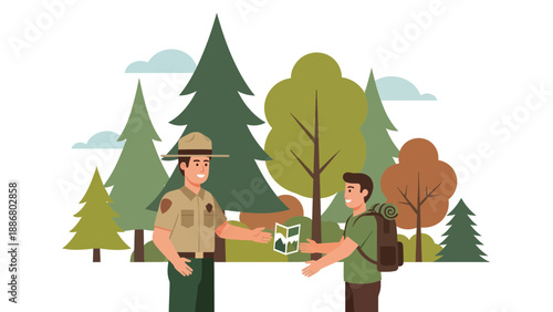 Park Ranger Providing Map To Hiker In Forest Outdoor Recreational Activity Scene