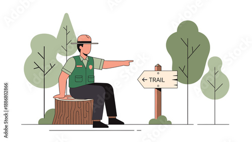 Park Ranger Resting Indicates The Direction Of The Hiking Trail Illustration