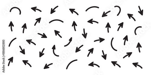 Set of simple bold black doodle arrows isolated on white background indicating various directions and turns