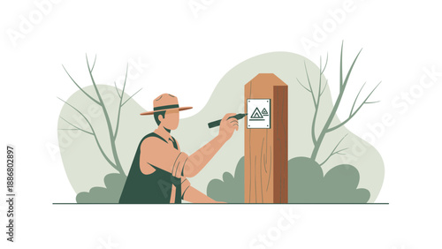 Park Ranger Updating Campsite Sign In Nature Scene Graphic Illustration