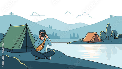 Peaceful Camping Retreat With Photographer Capturing Scenic Lakeside Landscape
