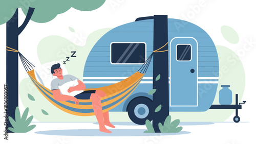 Peaceful Camping Trip Man Relaxing in Hammock Beside Vintage Camper