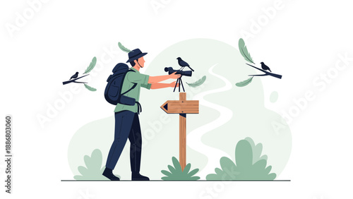 Ornithologist Filming Rare Bird Species In Their Natural Habitat Illustration