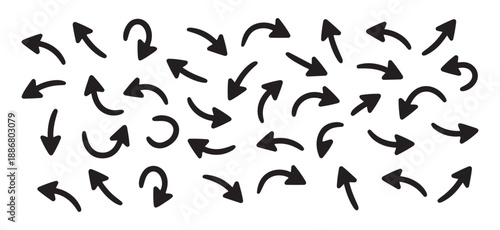 Set of various black doodle arrows isolated on white background pointing in multiple directions with curves