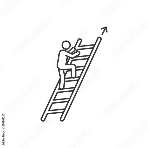Person climbing a ladder upwards, ascending to new heights, simple illustration