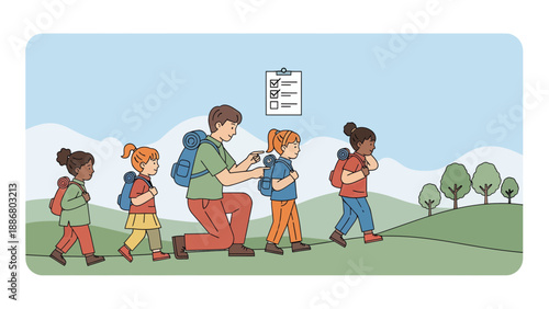 Outdoor Excursion With Kids And Teachers Following Checklist In Nature Scene