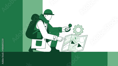 Outdoor Adventurer Planning His Expedition With Map And Compass Illustration