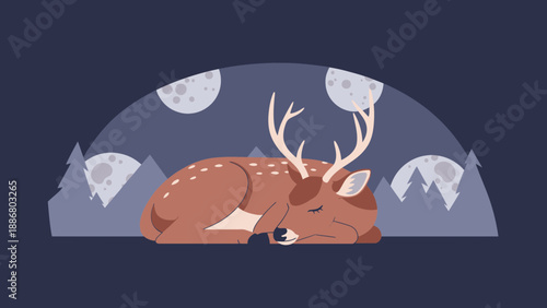 Peaceful Night Scene Featuring A Reindeer Asleep Beneath The Moonlit Sky