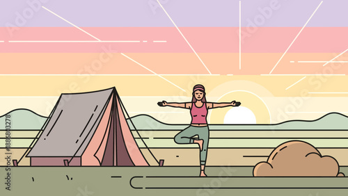 Outdoor Retreat Serenity Woman Practicing Yoga Near Camping Tent At Sunrise