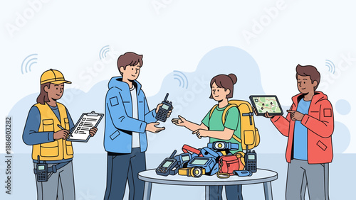 Outdoors Preparation Team Distributing Communication Tools For Hiking Adventure