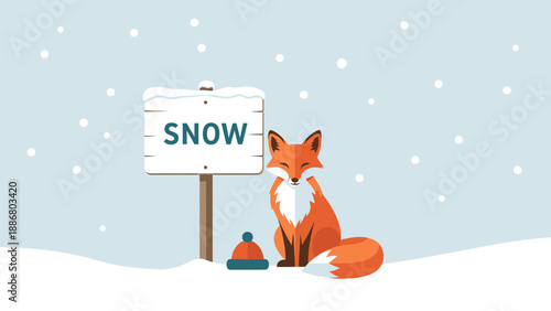 Peaceful Winter Scene With Fox And Snow Sign Flat Vector Illustration
