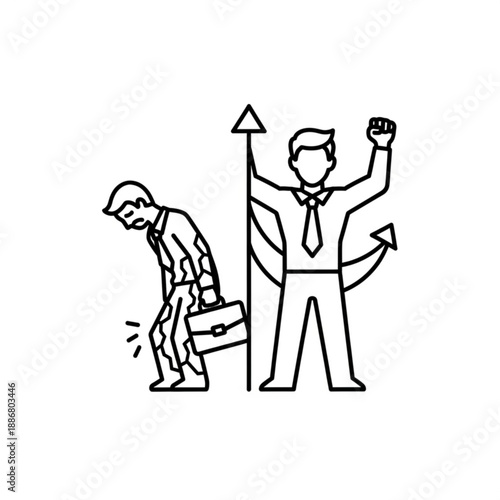 A demotivated office worker being overshadowed by a successful businessman standing victorious with briefcase, illustration, close-up, black and white