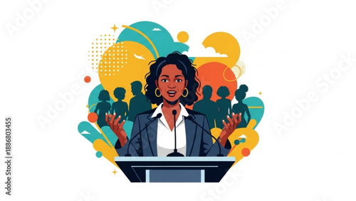 Confident businesswoman giving a presentation to a diverse audience with colorful abstract background
