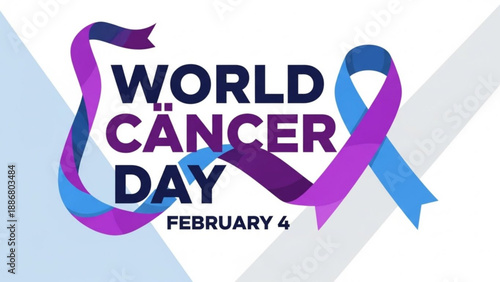 World cancer day awareness graphic with purple and blue ribbon on white background