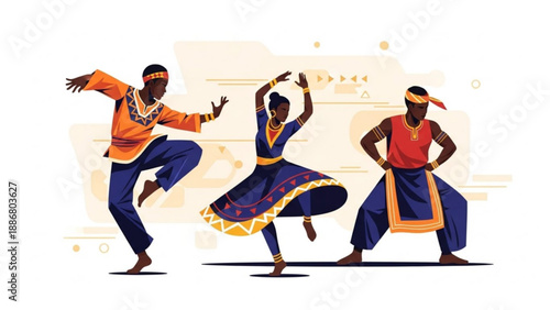 Three dancers in traditional indian attire performing a lively dance routine with vibrant costumes and dynamic movements