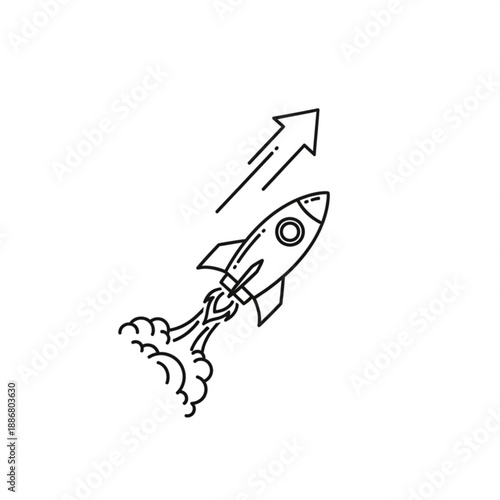 Simple line drawing of a rocket launching upwards with smoke and flames