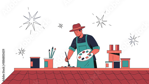 Painter On Roof Creates Art Under A Sky With Decorative Stars Illustration