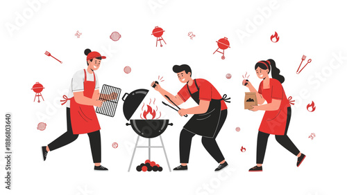 People Gathering Having Summer Barbecue Party Outdoors Vector Illustration