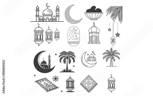 Ramadan kareem icon set on white background