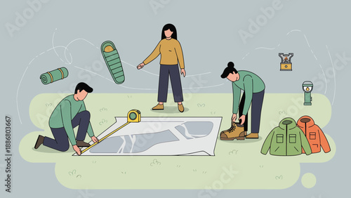 People Preparing For A Camping Trip With Sleeping Bags And Outdoor Gear