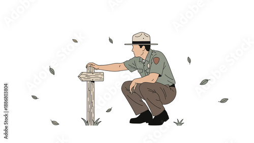 Park Ranger Checks The Directional Sign Post In The Wilderness Outdoors