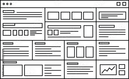 Website dashboard wireframe layout with analytics widgets, content sections, admin panels, responsive UI blocks for modern web application design
