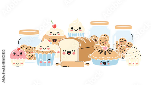 Delicious Baked Goods: A collection of cute, smiling baked goods includes cupcakes, cookies, bread, and pie, evoking a sense of joy and the warmth of home baking. 